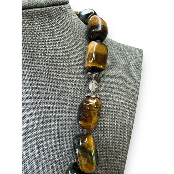 Heavy Sterling Silver Chunky Tigers Eye Necklace Hook Clasp 20” - Picture 6 of 8